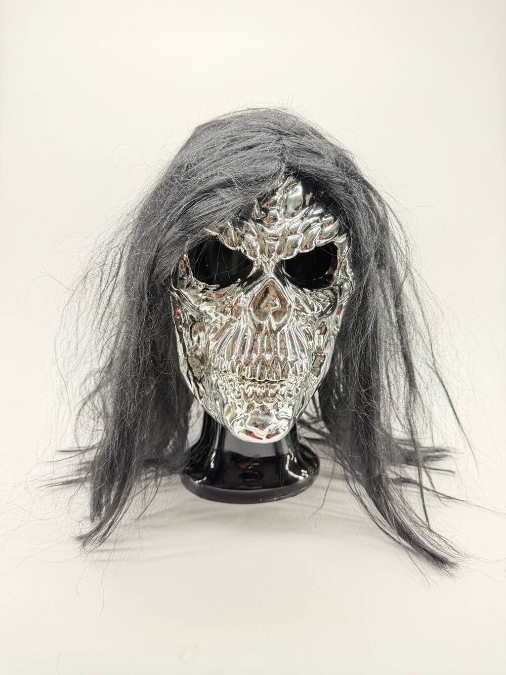 Take One Adult Silver Skull Mask with Long Black Hair Halloween Horror Costume